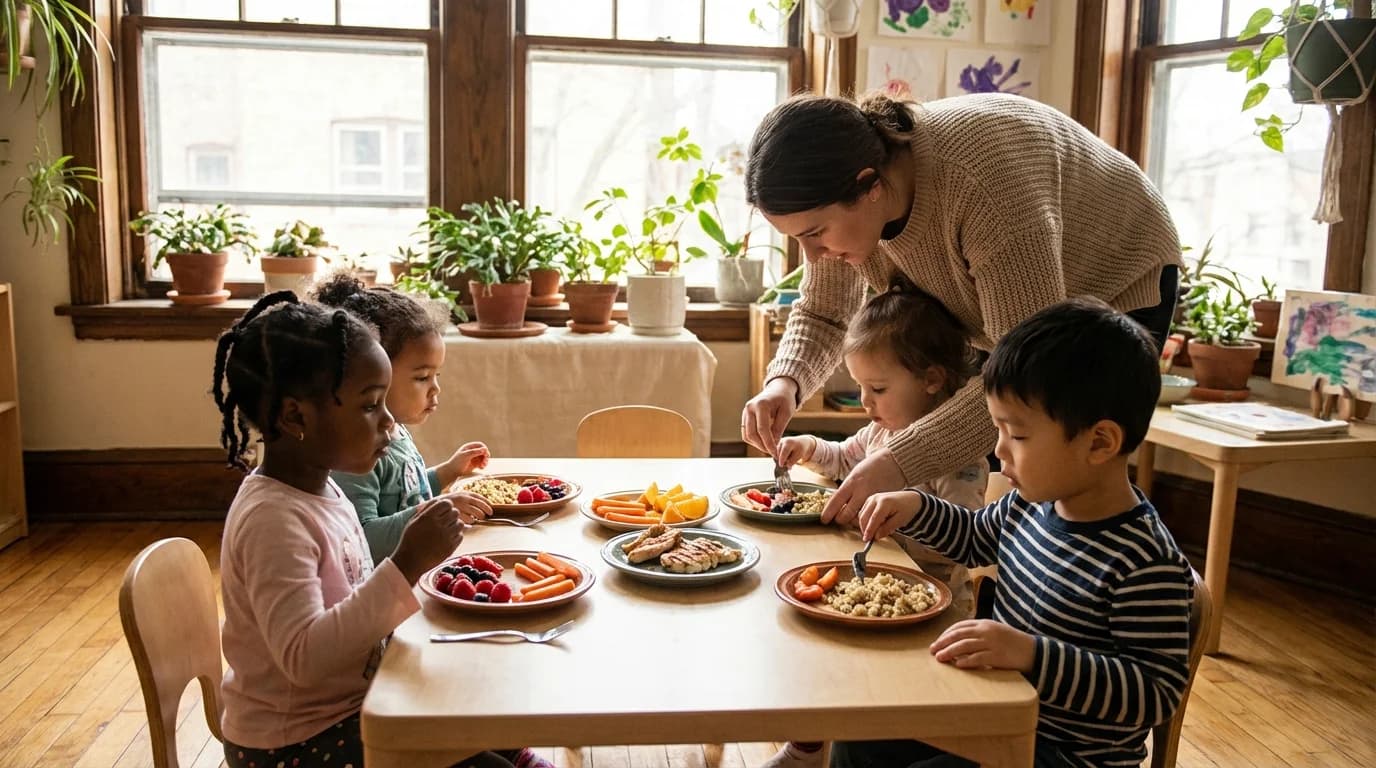 Toddlers seated at a low table eating a healthy meal together at a Brooklyn daycare